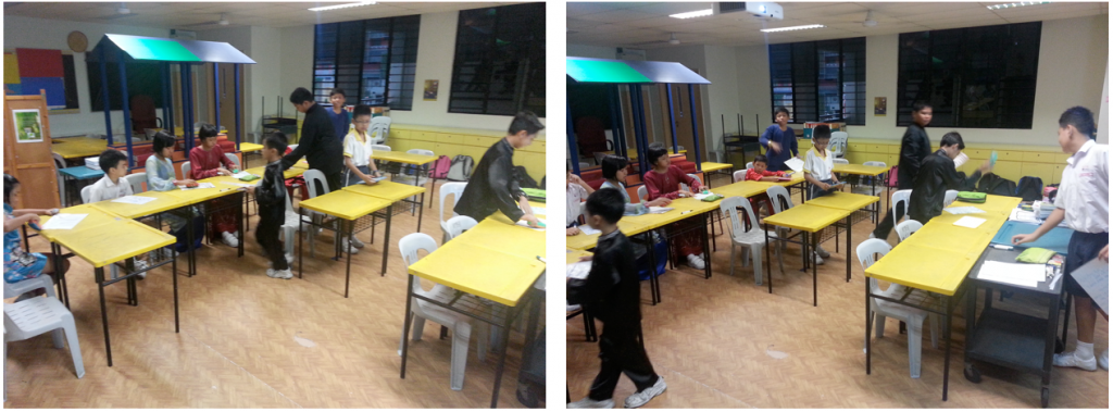Two side-by-side classroom photos showing children seated at yellow tables with adults standing nearby.